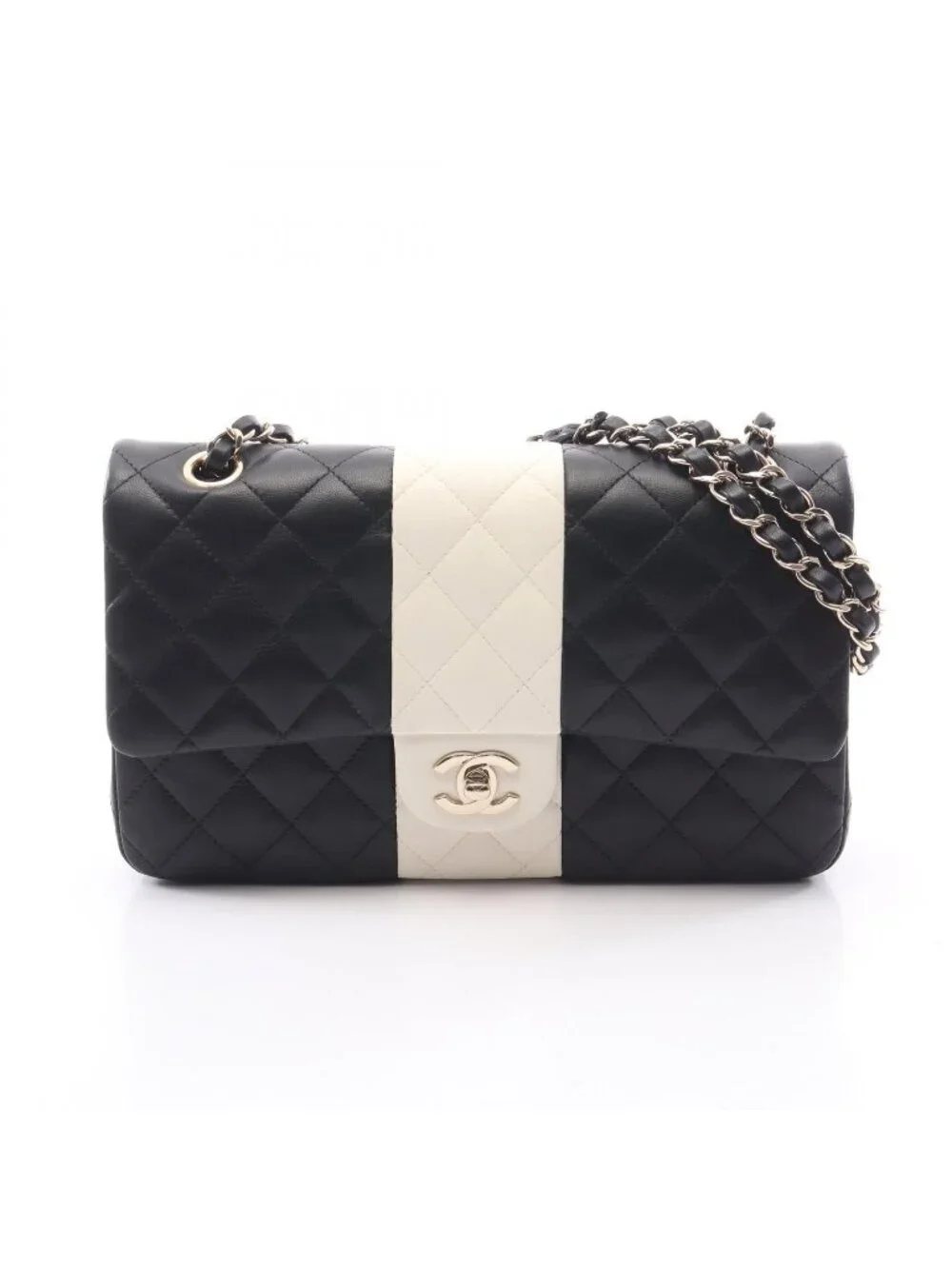 Chanel Shoulder Bag Quilted Double Flap Black White Lambskin Bicolor Chain
